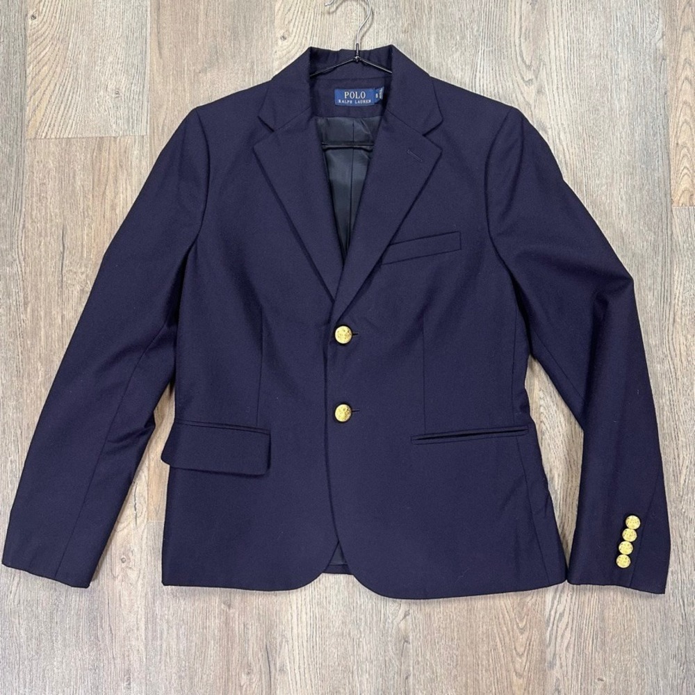 Polo Ralph Lauren Womens Navy Blue 100% Wool Gold Button Blazer Size 8 Preppy